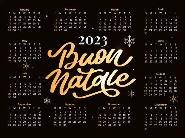 Vector illustration of 2023 Calendar Buon Natale New year vector illustration. The week starts on Sunday. Christmas snowflakes calendar 2023 template. Calendar design Sunday in red colors. Vector