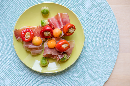 ham and melon salad with stuffed peppers and avocado