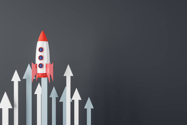 istock Launching rocket with arrows on black background with mock up place for your advertisement. Start up and new beginning concept. 3D Rendering. 1451047460