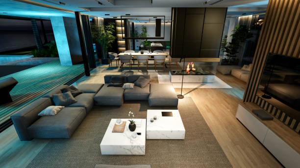 istock 3d rendering of modern cozy interior with living, dining zone, stair and kitchen in night 1451047544