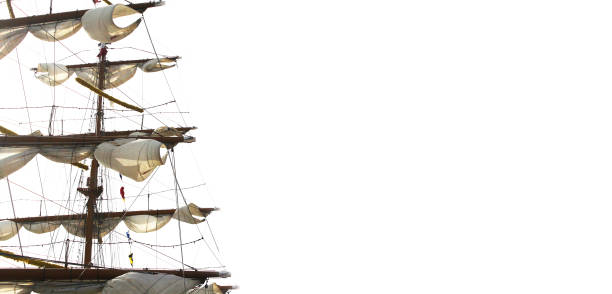 Large four-masted sailboat in the middle of the blue sea level