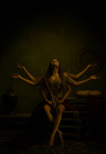 Asian Halloween model with three pairs of hand