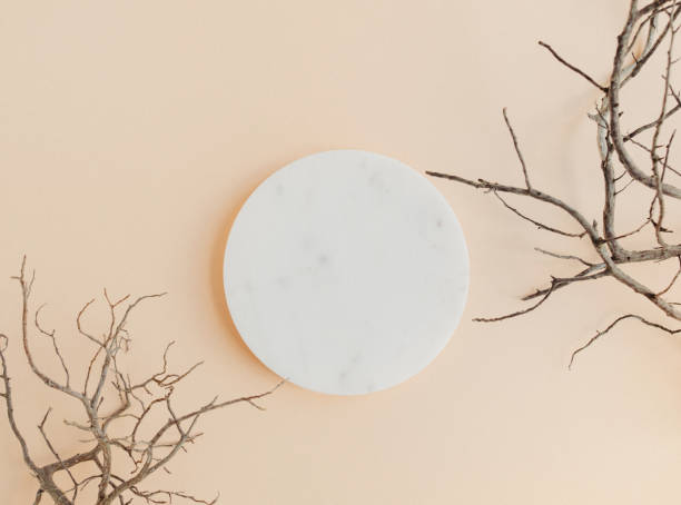 White marble round podium and abstract brunches of tree on beige background stock photo