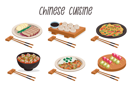 Set of 6 illustrations of Chinese cuisine: peking duck, xiao long bao (dumplings), ma po tofu, chow mein, pork in sweet and sour sauce, tang hulu (fruits in sugar syrup) with wooden sticks.