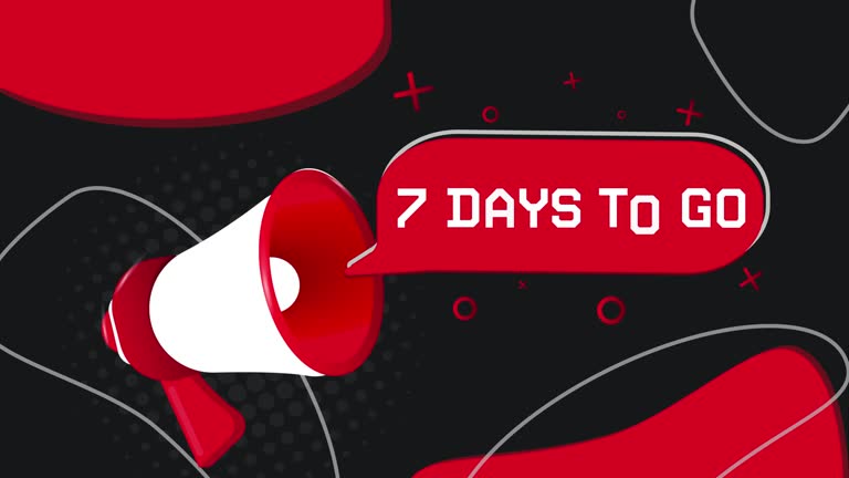 7 days to go banner. Megaphone with speech bubble in flat style. 4K video animation