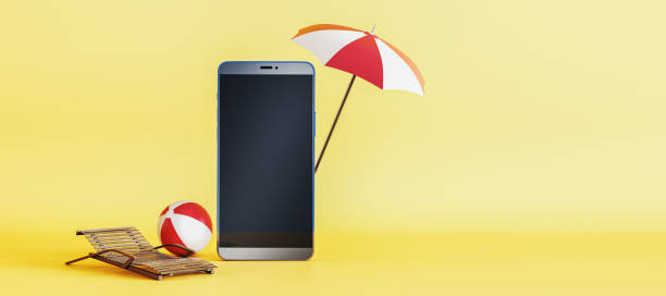 istock Creative online tour booking concept. Empty mock up mobile phone screen with beach umbrella, ball and chaise-lounge, airplanes and tickets on yellow background. 3D Rendering. 1451050238