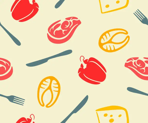 Vector illustration of Fork and knife, steak, fish, cheese and bell pepper, seamless vector background, pattern. Food, meal, meat and vegetable, cooking, cuisine and kitchen, graphic and vector design