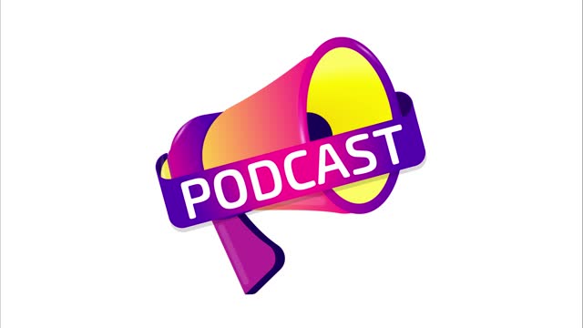 Podcast banner, label, badge icon with megaphone. Flat design. 4K video animation