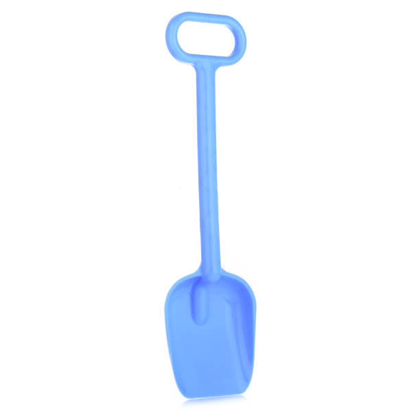 Children's large shovel isolated on a white background. Colored plastic shovels for snow removal. Children's Sandbox Toys