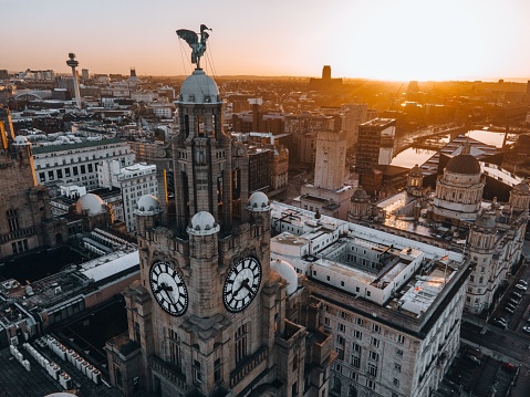 Royal Liver Building in Liverpool, England by Drone