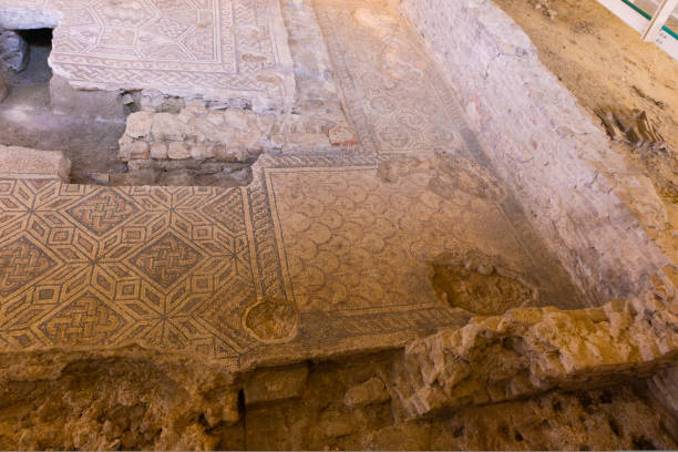 로마 주택의 고고학 발굴 모자이크, 도무스 델 치루르고. 리미니, 이탈리아 - domus 뉴스 사진 이미지