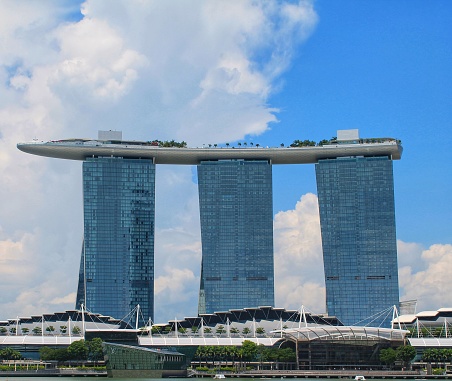 The iconic Marina Bay Sands and other waterfront buildings in downtown Singapore