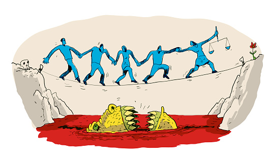 People Walking On A Tightrope Cross The Abyss Stock Illustration ...