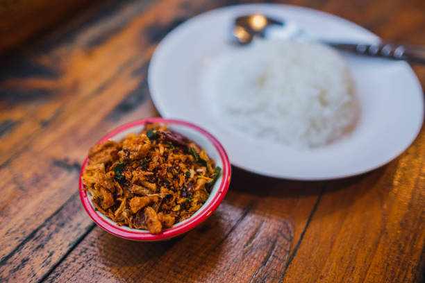 selective focus chili paste,thai north food  on the brown table stock photo