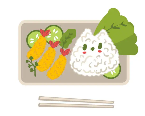 Vector illustration of Bento box with rice cat, shrimp tempura and cucumber. Perfect for tee, poster, menu, stickers and print. Isolated vector illustration for decor and design.