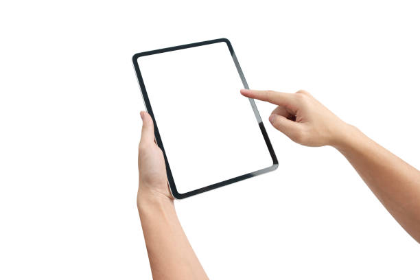 istock Hand holding tablet with blank screen isolated on white background 1451064391