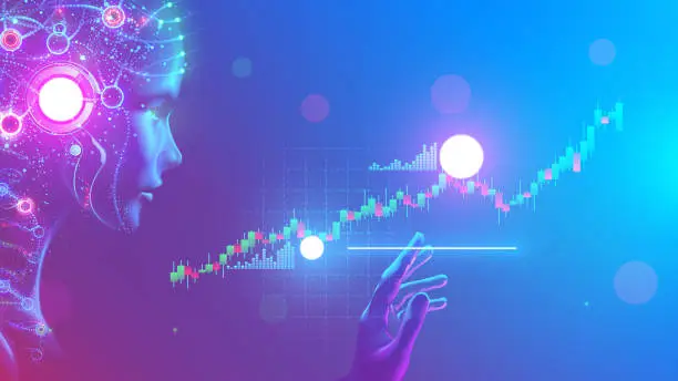 Vector illustration of AI in business, fintech. Face of artificial intelligence with mind looking at trading charts information. neural networks analysis finance economic digital data. Robot trader works stock exchange.