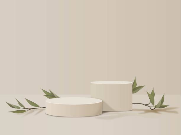 product display podium scene decorated with olive leaves stock illustration