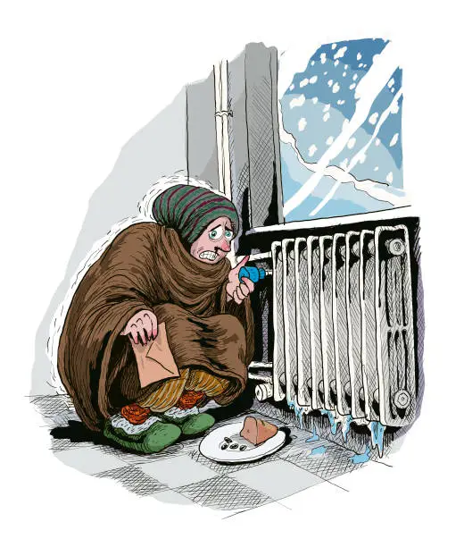 Vector illustration of man is cold wrapped in a blanket near the heater