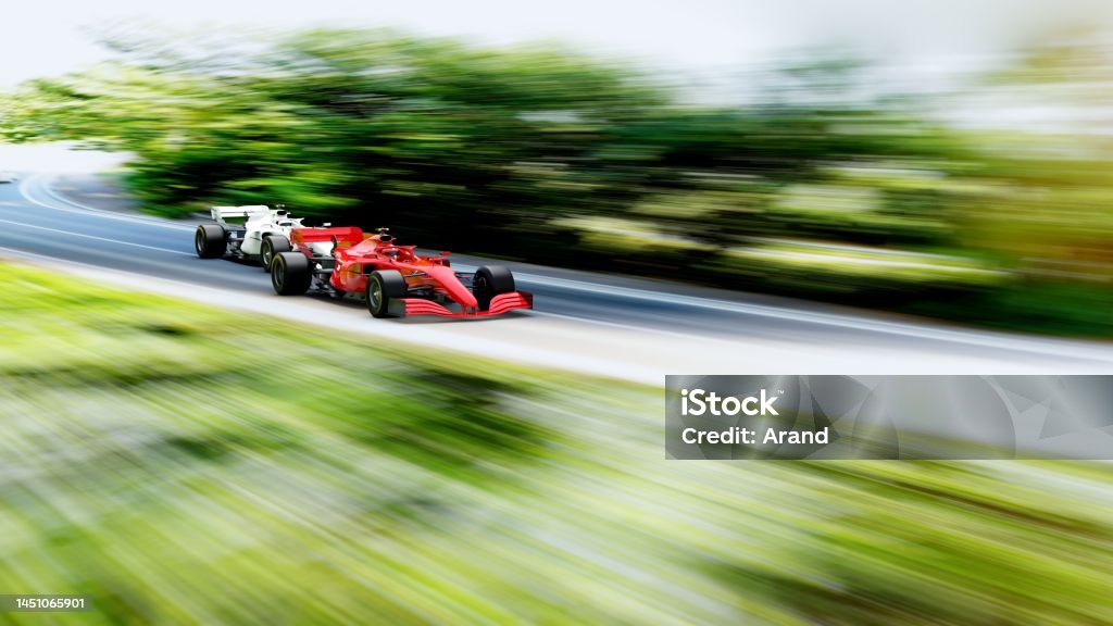 red race car leading on a race track front view of fast moving generic red open-wheel single-seater racing car  race car leading  on a race track, motion blur,  3D render, car of my own design. Sports Track Stock Photo