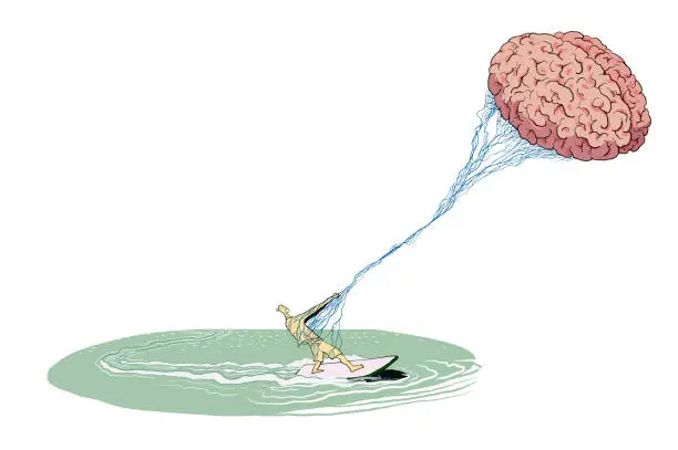 Vector illustration of man surfing the sea using his brain like a parachute