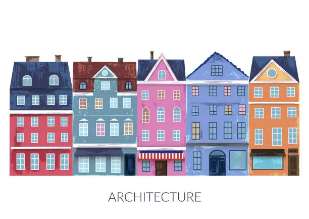 Vector illustration of City houses in bright colors with grunge textures