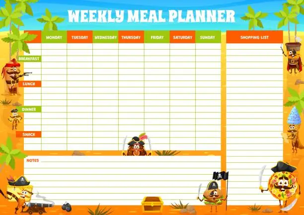 Vector illustration of Weekly meal planner cartoon pirates fastfood