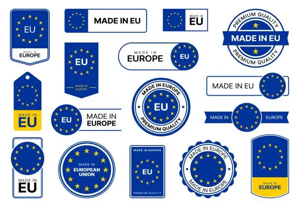 Vector illustration of Made in EU, Europe quality icons, labels with flag