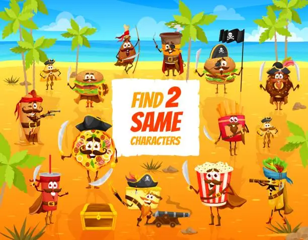 Vector illustration of Find two same cartoon pirates fastfood kids game