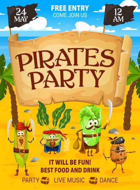 Pirates party flyer, cartoon vegetable pirates Pirates party flyer, cartoon vegetable pirates and corsairs characters, vector poster. Kids party flyer with funny Caribbean pirate cabbage, corn corsair and potato captain for entertainment event political joke stock illustrations