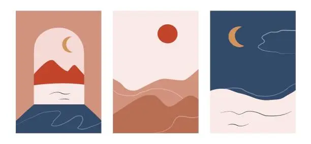Vector illustration of Minimalistic nature landscape poster set in aesthetic flat style. Perfect for wall art in the style of mid century modern