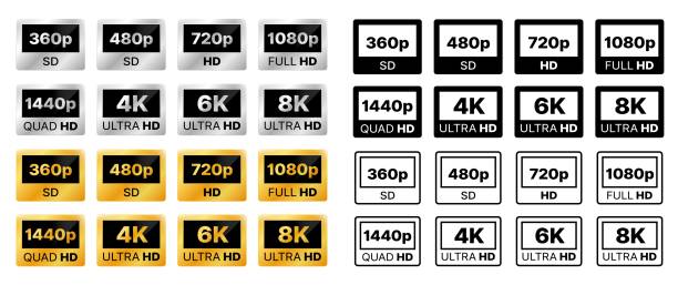 Video resolution, display definition icons Video resolution icons. Display, monitor or TV definition silver and gold labels, badges, media quality format and 1080p, 4k, ultra HD video resolution and size symbols, monochrome icons or signs full hd format stock illustrations