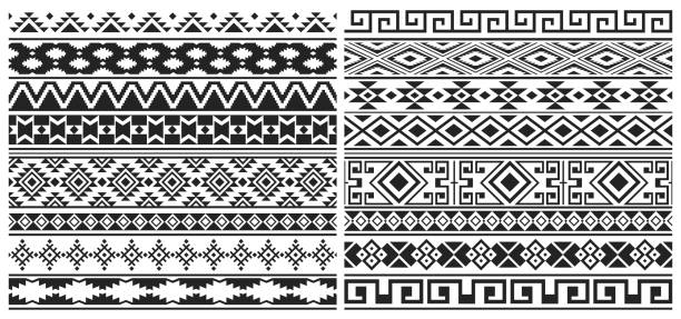 Mexican aztec, mayan border patterns Mexican aztec, mayan border patterns with ethnic tribal geometric ornaments. Vector seamless borders with black pattern of native indians of Mexico, Peru or America, abstract indigenous motifs navajo stock illustrations