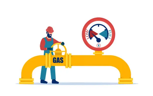 Vector illustration of Vector of a worker turns off a valve on a gas pipeline.