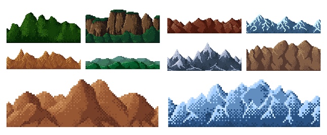 8bit pixel game mountains and hills background, vector retro 8 bit pixel art landscape. Arcade game nature mountains and hills with sky and forest grass, pixel art Alps snow rocks and jungle island