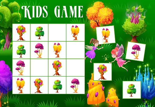 Sudoku kids game, fantasy magic trees and plants. Vector riddle, boardgame worksheet with cartoon fairy characters, mushrooms and alien flora on chequered board. Educational task, children crossword