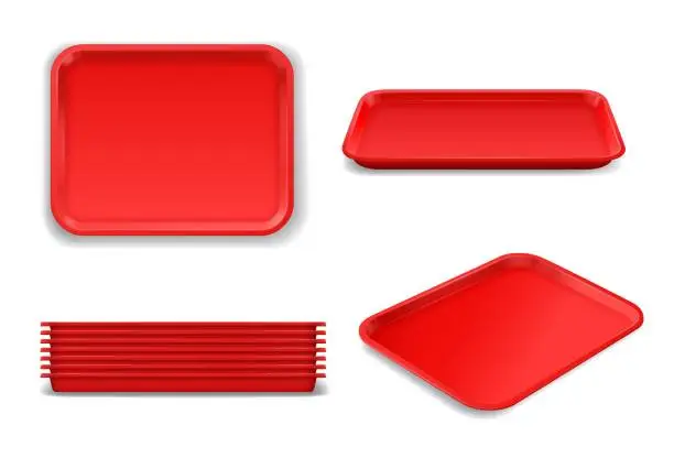 Vector illustration of Red plastic tray for lunch food realistic mockup