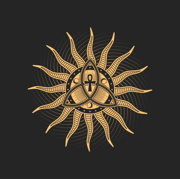 Triquetra, crescents and ankh cross inside of sun Triquetra, crescents and ankh cross inside of sun with radiant rays esoteric occult pentagram, magic tarot sign. Vector golden sacred emblem with egyptian and celtic spiritual symbolic celtic culture celtic style star shape symbol stock illustrations