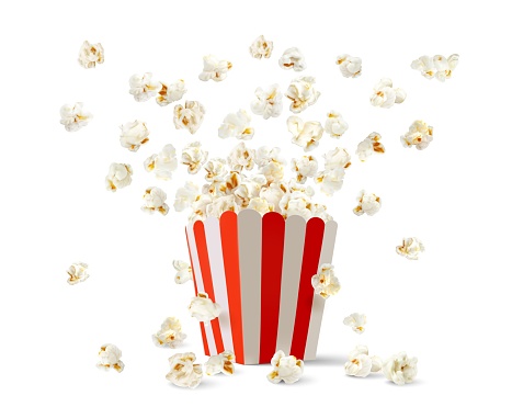 Popcorn box, Striped pop corn bucket container. Realistic vector mock up of white and red paper bucket with flying out and scatter around snack seeds, isolated 3d design for cinema or movie theater