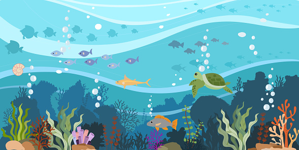 Coral reef and school of fish on a blue sea background. Underwater marine life. Vector illustration.