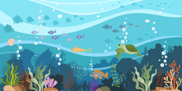 Coral reef and school of fish on a blue sea background. Coral reef and school of fish on a blue sea background. Underwater marine life. Vector illustration. seascape stock illustrations