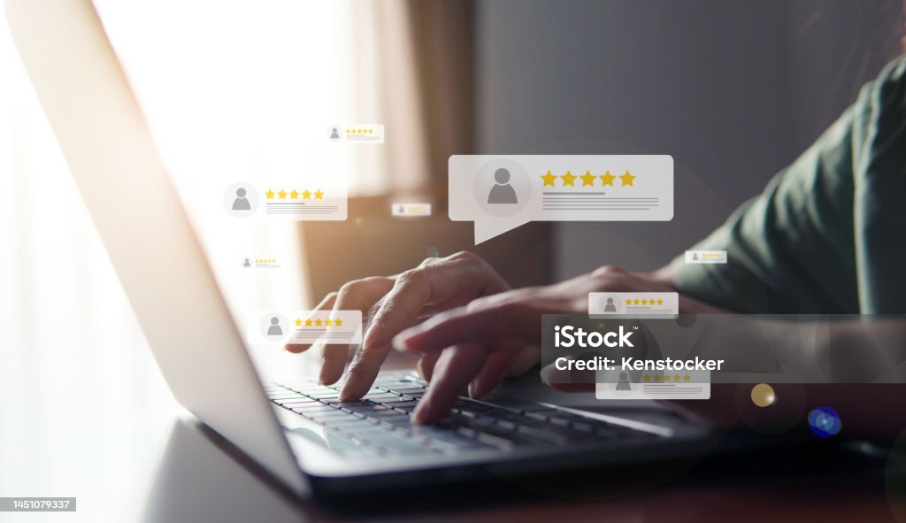 Customer review good rating concept, hand pressing user and five star icon on visual screen for positive customer feedback, testimonial and testimony, user comment and feedback for review. Feedback Stock Photo