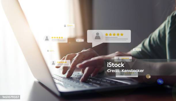 Customer Review Good Rating Concept Hand Pressing User And Five Star Icon On Visual Screen For Positive Customer Feedback Testimonial And Testimony User Comment And Feedback For Review Stock Photo - Download Image Now