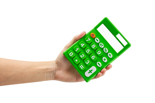 Hand showing calculator with blank screen isolated on white background.