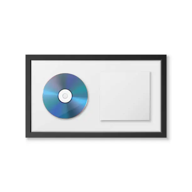 Vector illustration of Realistic Vector 3d Blue CD, Label with Black CD Cover Frame Isolated. Single Album Compact Disc Award, Limited Edition. CD Design Template