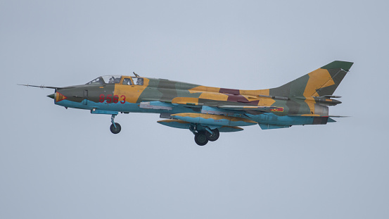 Vietnam Air Force's Su 22 fighter jet is training in the sky over Da Nang city