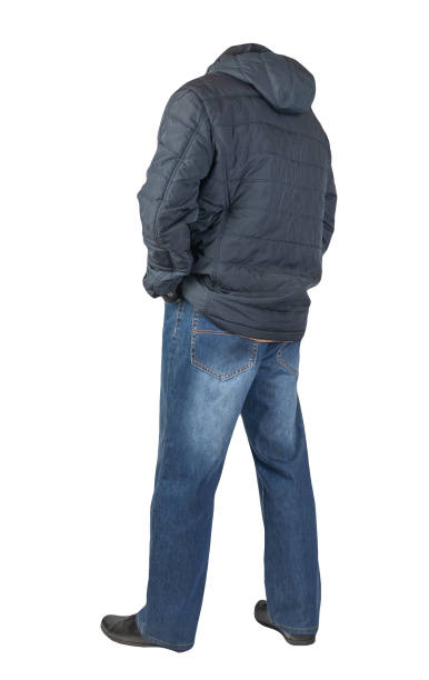 istock dark blue jeans, black leather shoes, jacket isolated on white background. 1451084246