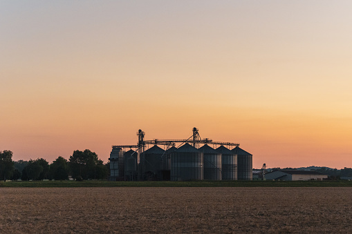 Agricultural field with silos in background at dusk against sky