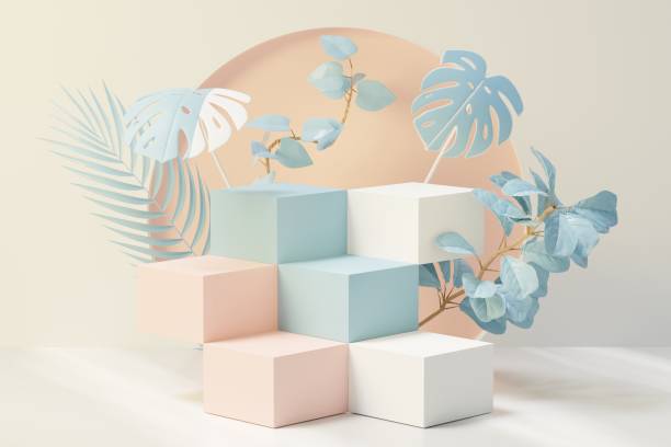 istock 3d render of abstract pedestal podium display with Tropical leaves and Blue sky clouds pastel and plant scene. Product and promotion concept for advertising. Blue pastel natural background. 1451086949