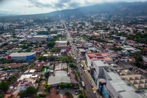 Aerial view of the city of San Salvador taken with Tilt Shift lens for a miniature effect.